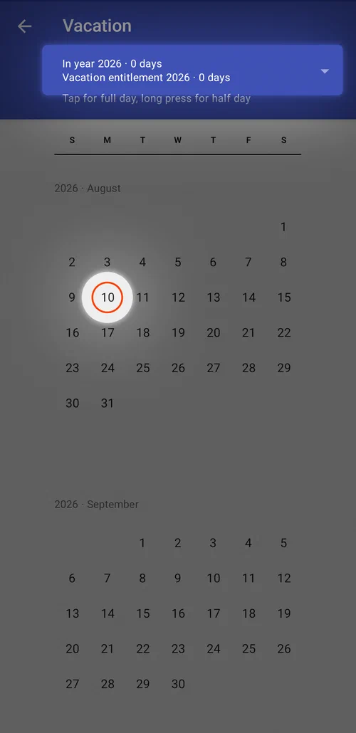 Set your vacation entitlement and mark vacation days on the calendar