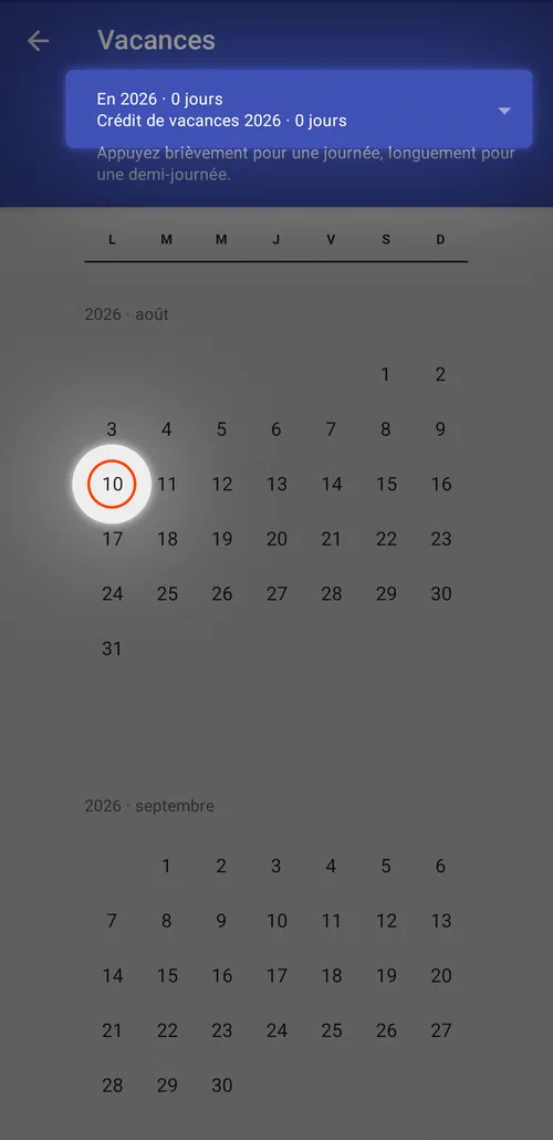 Définir vos droits aux congés et marquer les jours de vacances sur le calendrier