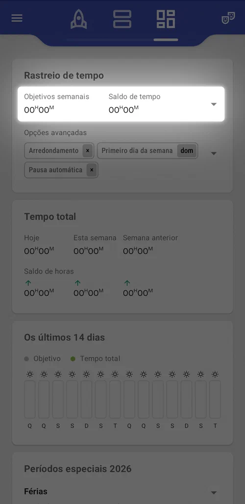 Abra as definições do saldo de horas
