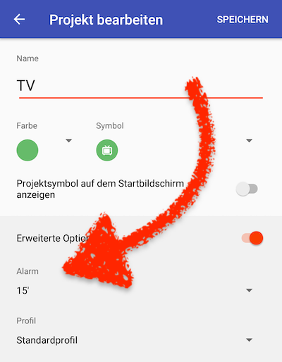 Einstellung Projektalarm