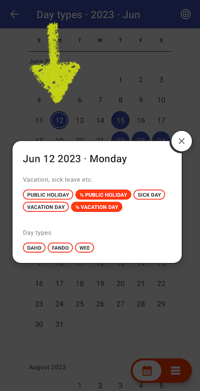 Calendar for day types